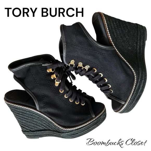 TORY BURCH Black and gold Lace up  OPEN TOE JUTE WEDGE HEEL PLATFORM HEELS - Picture 1 of 9